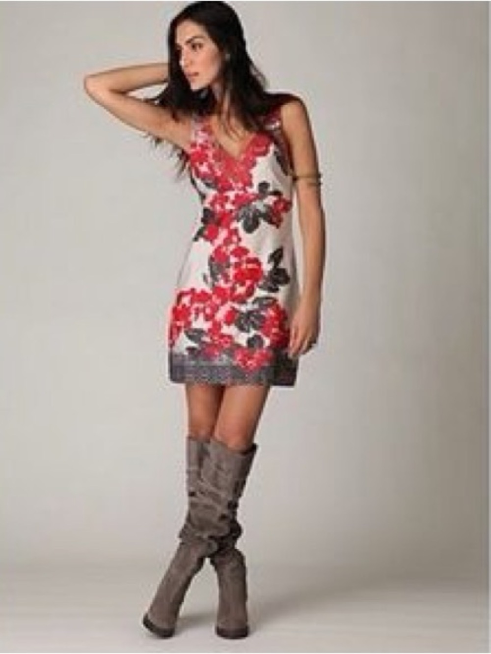 Free People Floral V-Neck Sleeveless A-Line Dress in White and Red